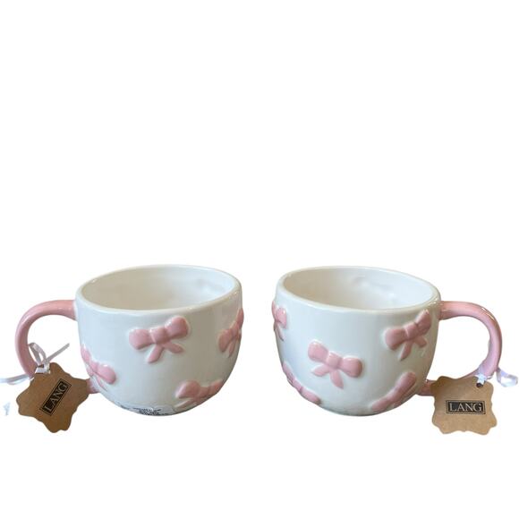 Lang Design Hand Painted Pink Bow Ceramic Teapot and Set of 2 Mugs New - Picture 8 of 16